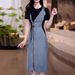 Summer 2025 Round Neck Spliced Dress For Women, Color Blocked Short Sleeved Zipper Waist Cinching Slimming Denim Casual_mkmklike.com