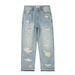 Men's Clothing High Street Hip Hop Vibe Washed Blue Ripped Cat Whisker Street Summer Straight Pants Loose Men's Paris Jeans_mkmklike.com