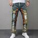 Streetwear Distressed Jeans For Men – High-Street Slim Fit Paint-Splatter Denim Pants, Non-Stretch Skinny Fit (28-40, Olive Green)_mkmklike.com