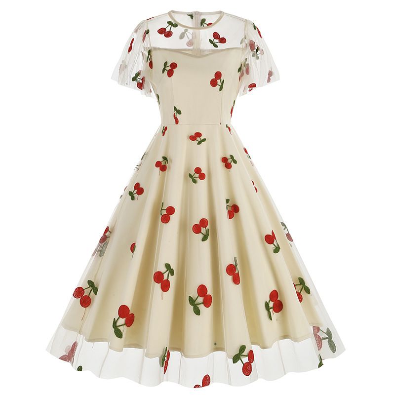 Women's Clothing mesh love Valentine's Day waist dress ladies retro dress _mkmklike.com