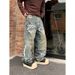 Men's Graffiti Washed Denim Pants - Streetwear High Waist Loose Fit Vintage Straight Leg Jeans With Artistic Paint Splatter Design_mkmklike.com
