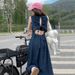 French Denim Dress For Female Students, New Summer Style With A Slim Waist And Drawstring, Hollowed Out Long Skirt At_mkmklike.com