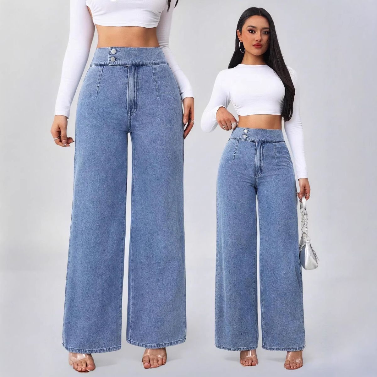 Women's High-Waisted Casual Wide Leg Jeans Blue Wide Leg Pants Cross Border E-Commerce Bestseller_mkmklike.com