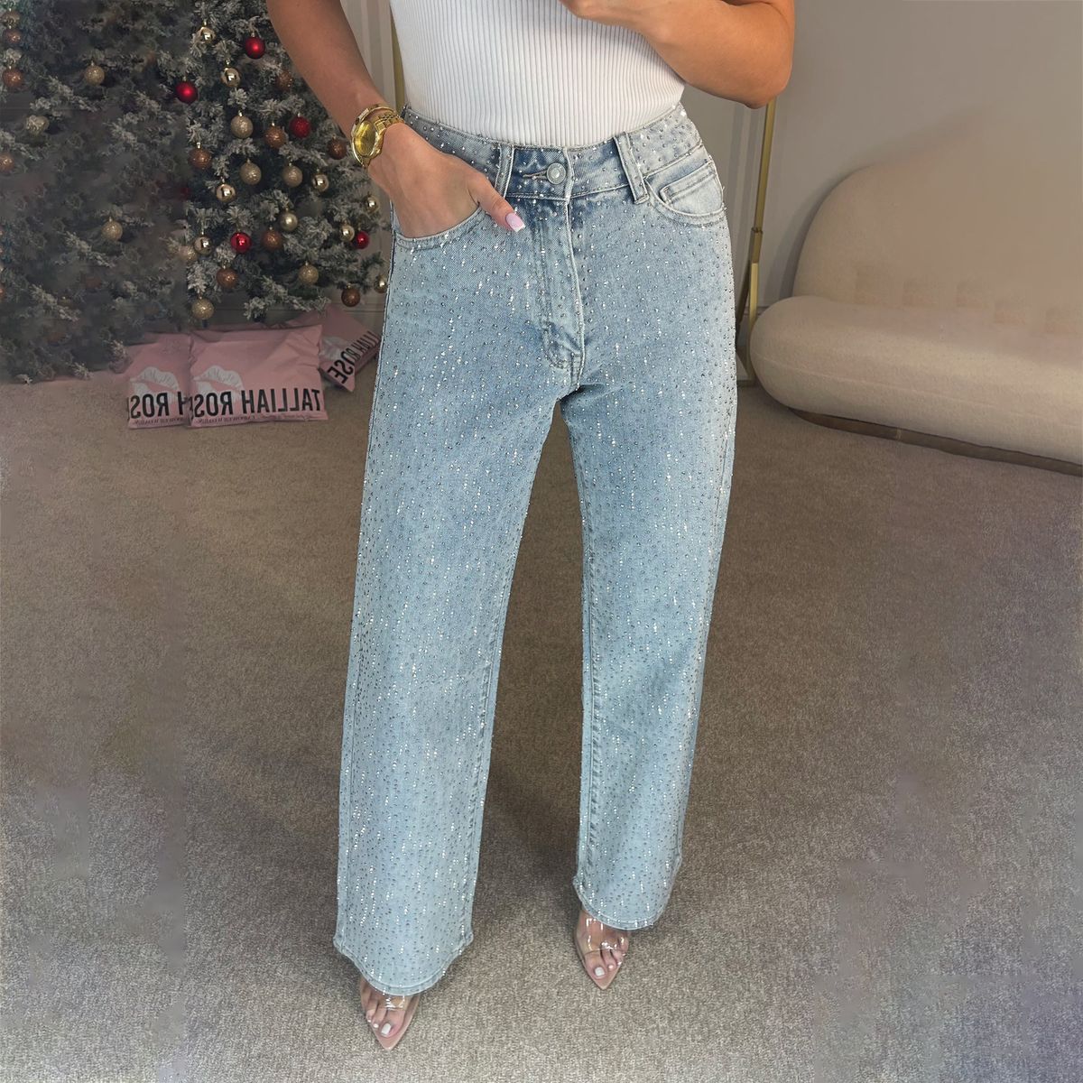 Women's Clothing Full Diamond Washed Jeans For Women, High End Low Waist Straight Trousers, Personality Hot Girl High Street Trousers_mkmklike.com