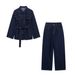 Vintage Waist-Tie Denim Jacket & High-Waisted Jeans Set – Retro Western Style Distressed Two-Piece Outfit_mkmklike.com