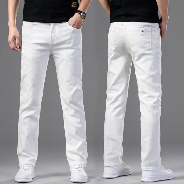 White Jeans Men's Trendy Straight Leg Loose Casual Long Pants Summer New Thin Elastic Business Outfit_mkmklike.com