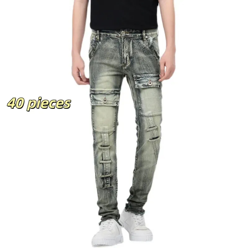 Men's Jeans Price Multi-pocket Washed Denim Heavy Industry Retro Workwear Trendy Brand Slim Fit Small Foot Elastic Long_mkmklike.com