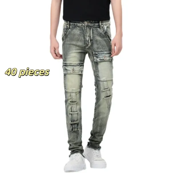 Men's Jeans Price Multi-pocket Washed Denim Heavy Industry Retro Workwear Trendy Brand Slim Fit Small Foot Elastic Long_mkmklike.com