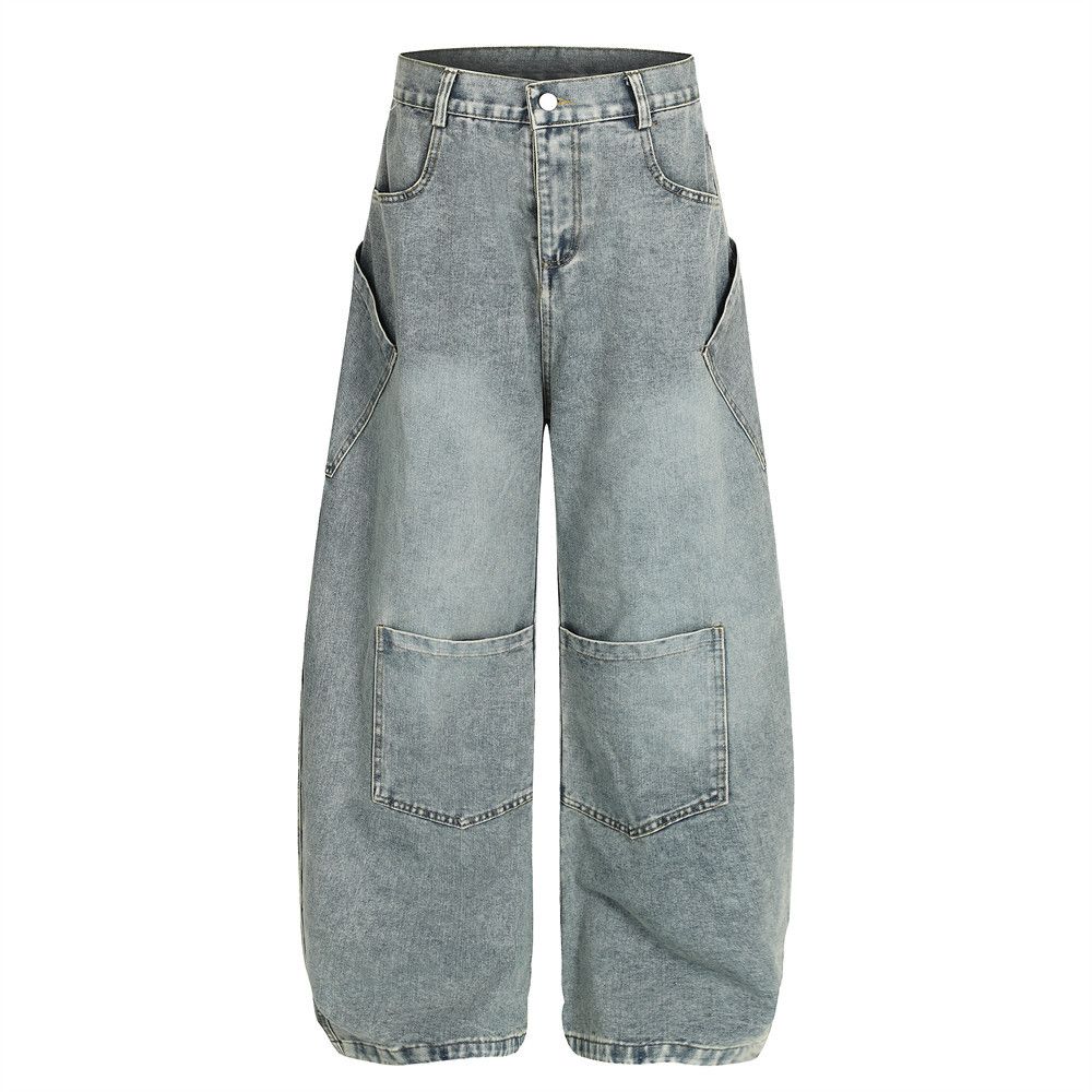 Distressed Washed Punk Workwear Denim Scimitar Pants Men's Loose Personality Multi-Pocket Design Oversized Wide-Leg_mkmklike.com