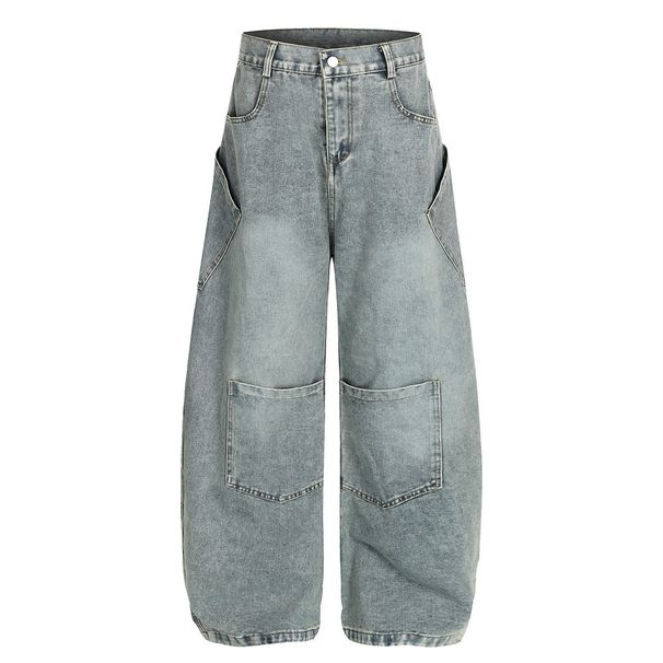 Distressed Washed Punk Workwear Denim Scimitar Pants Men's Loose Personality Multi-Pocket Design Oversized Wide-Leg_mkmklike.com