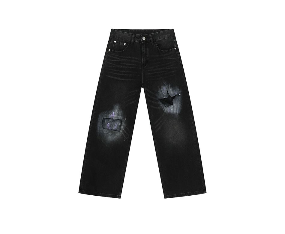 EF JEANS | 2025 Spring New American Street Ripped Patch Design Sense Straight Black Jeans Tide_mkmklike.com