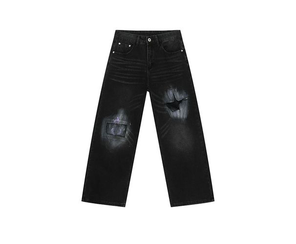 EF JEANS | 2025 Spring New American Street Ripped Patch Design Sense Straight Black Jeans Tide_mkmklike.com