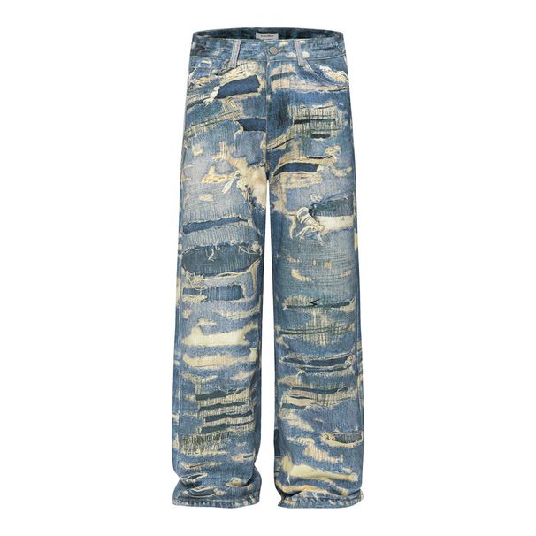 Wasteland Style Full Print Vintage Washed Denim Trendy High Street Design Sense Niche Loose Straight-Leg Pants For Men_mkmklike.com