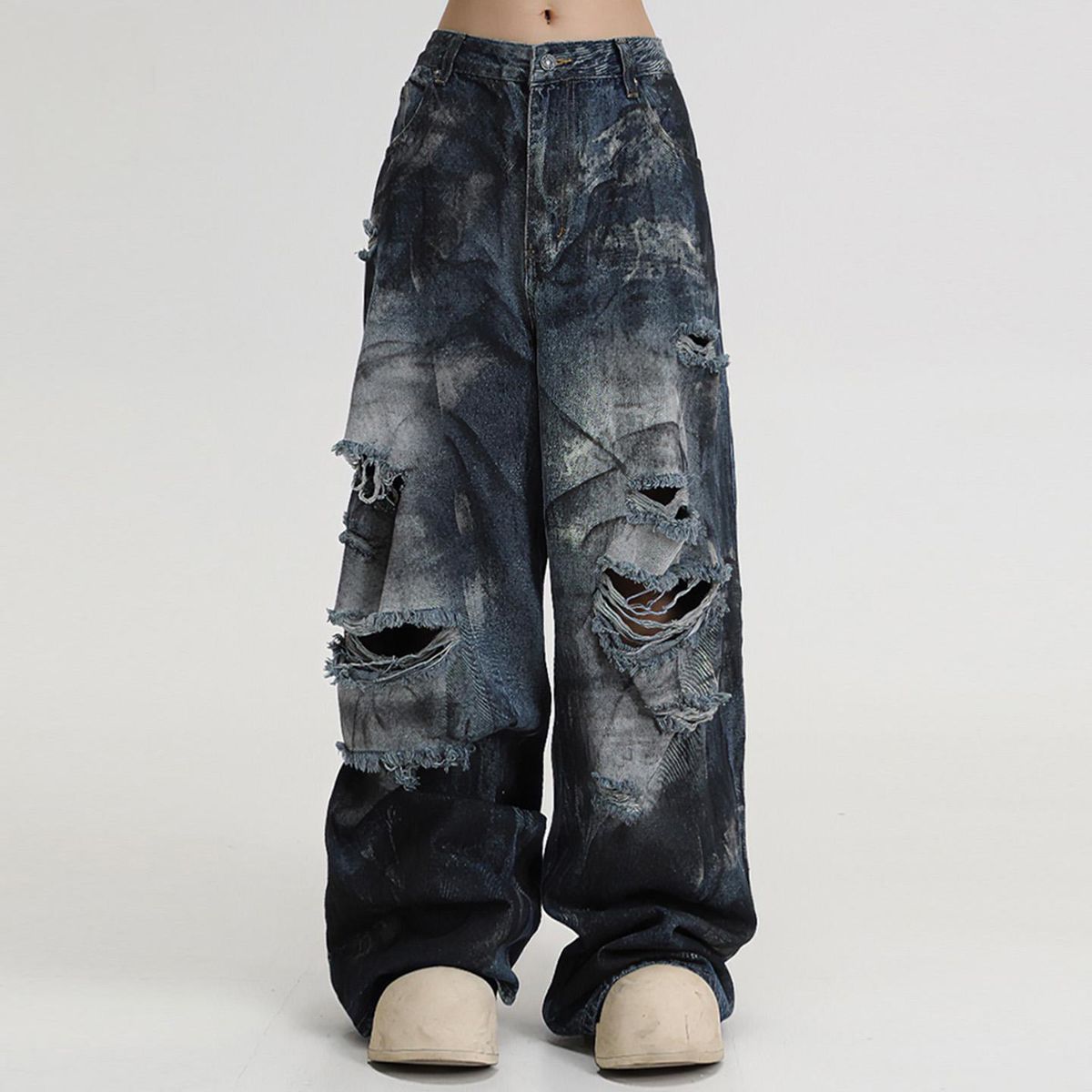 Men's Tie Dye Ripped Jeans Straight Leg Loose Fit Wide Leg American High Street Style Trendy Cool And Rebellious Distressed Long Pants_mkmklike.com