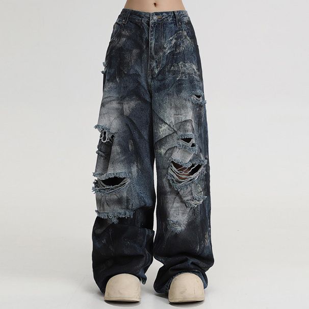 Men's Tie Dye Ripped Jeans Straight Leg Loose Fit Wide Leg American High Street Style Trendy Cool And Rebellious Distressed Long Pants_mkmklike.com