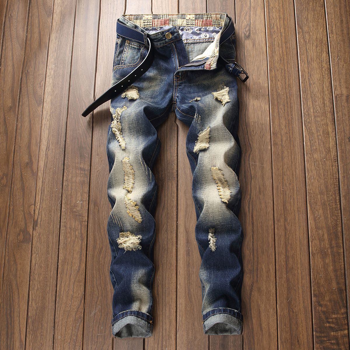 Men's Clothing Nostalgic Jeans Fashion Washed Youth High Street Ripped Trendy Denim Trousers_mkmklike.com