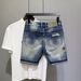 Men's Blue Distressed Embroidered Shorts Trendy Loose Straight Leg Mid Waist Denim Versatile_mkmklike.com
