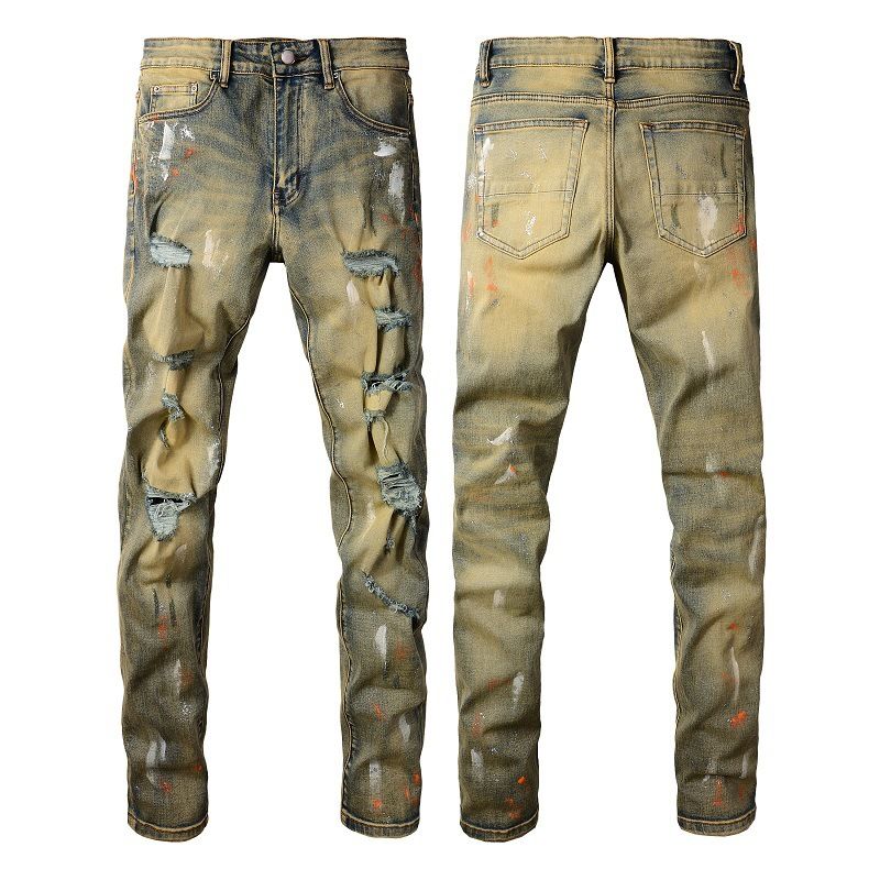 American High Street Trendy Brand Men's Ripped Jeans Men's Retro Elastic Men's Small Feet Graffiti Slim Pants 6557_mkmklike.com