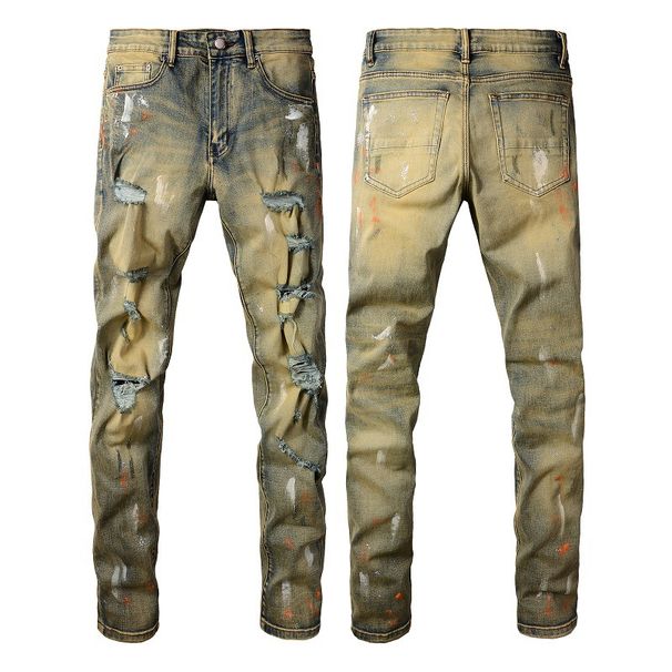 American High Street Trendy Brand Men's Ripped Jeans Men's Retro Elastic Men's Small Feet Graffiti Slim Pants 6557_mkmklike.com
