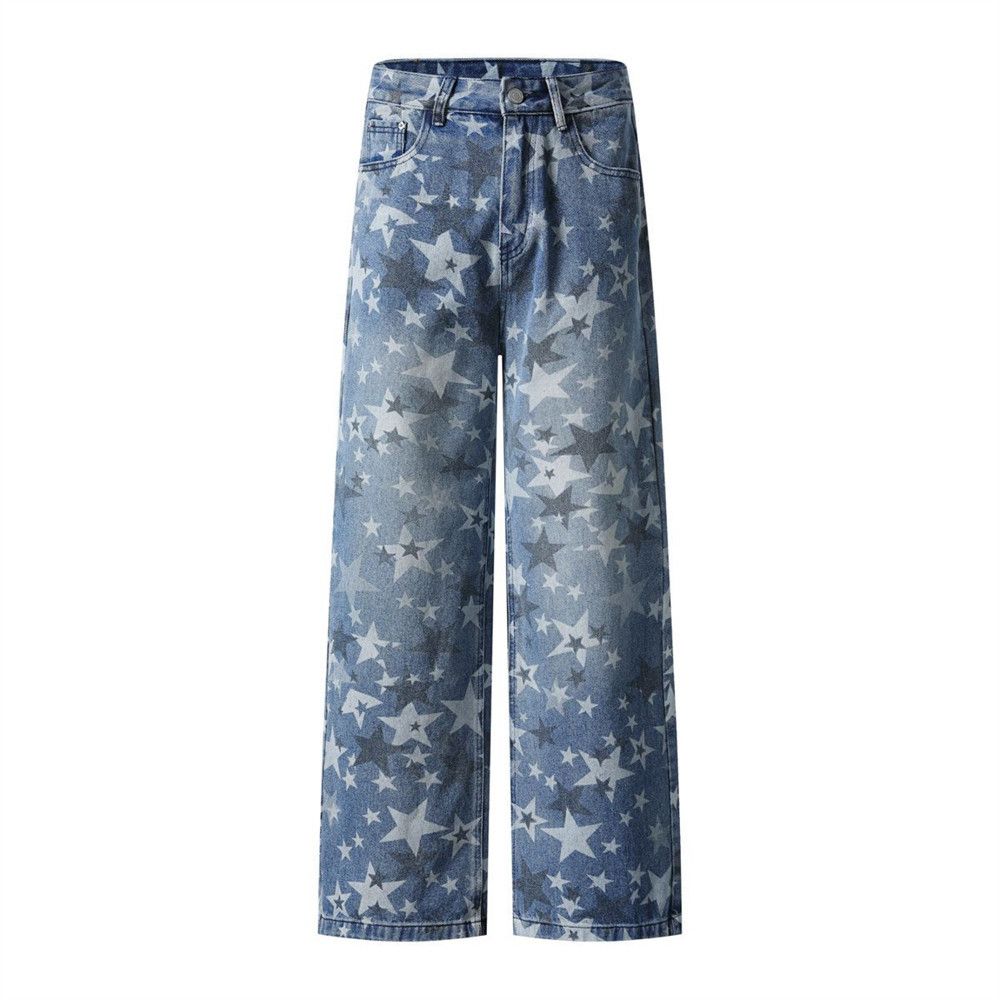 Full Print Five-Pointed Star Faded Washed Denim Straight-Leg Men's High Street Trendy Vibe Distressed Ripped Wide-Leg_mkmklike.com