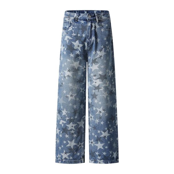 Full Print Five-Pointed Star Faded Washed Denim Straight-Leg Men's High Street Trendy Vibe Distressed Ripped Wide-Leg_mkmklike.com