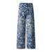 Full Print Five-Pointed Star Faded Washed Denim Straight-Leg Men's High Street Trendy Vibe Distressed Ripped Wide-Leg_mkmklike.com