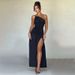 Women's Clothing style sling oblique shoulder pleated slit A-line dress_mkmklike.com