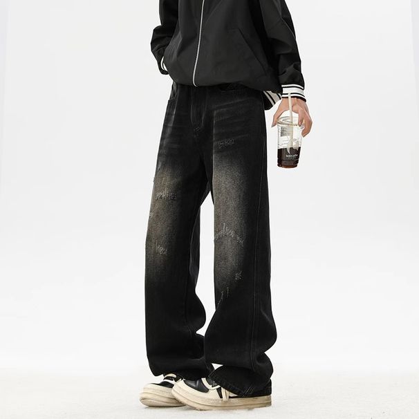 Men's American Vintage Washed Ripped Jeans, High Street Whiskering Loose Straight Baggy Wide Leg Casual Denim Pants Streetwear_mkmklike.com
