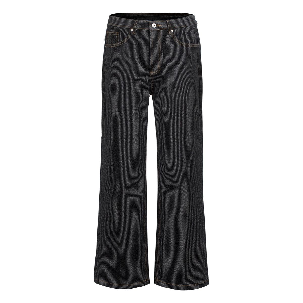 14oz Raw Denim Jeans – Black & Dark Blue Striped Straight Leg With Flared Wide Leg Silhouette_mkmklike.com