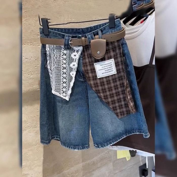 Vintage Lace Plaid Stitching Denim Shorts Women's Summer High Waist Five-point Wide Legs_mkmklike.com
