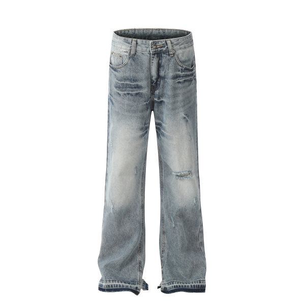 Men's Clothing High Street Washed Loose Wide Leg Large Hole Silhouette Flared Stacked Jeans Jeans_mkmklike.com