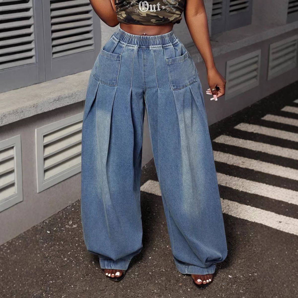 Retro Washed Blue Wide Leg Jeans High Waisted Elastic Plus Size Lantern Jeans Style Design Pleated_mkmklike.com