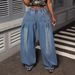 Retro Washed Blue Wide Leg Jeans High Waisted Elastic Plus Size Lantern Jeans Style Design Pleated_mkmklike.com
