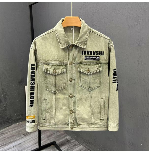 "Mens Distressed Denim Jacket Vintage Mud-Dye Finish With Sanskrit Print Slim Fit Workwear Coat For Streetwear Fall Fashion (Brown/Green "_mkmklike.com