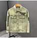 "Mens Distressed Denim Jacket Vintage Mud-Dye Finish With Sanskrit Print Slim Fit Workwear Coat For Streetwear Fall Fashion (Brown/Green "_mkmklike.com