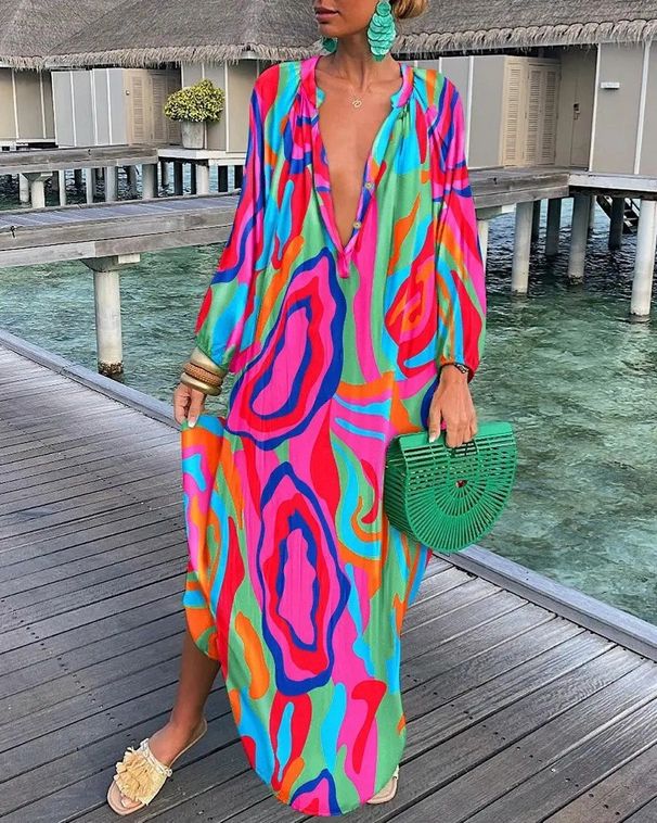 Women's 2023 spring V Neck Loose Long Sleeve Printed Dress _mkmklike.com