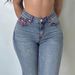Women's American Style Low Rise Color Block Patchwork Flared Jeans Stretch Vertical Stripe Seam Washed Light Blue_mkmklike.com