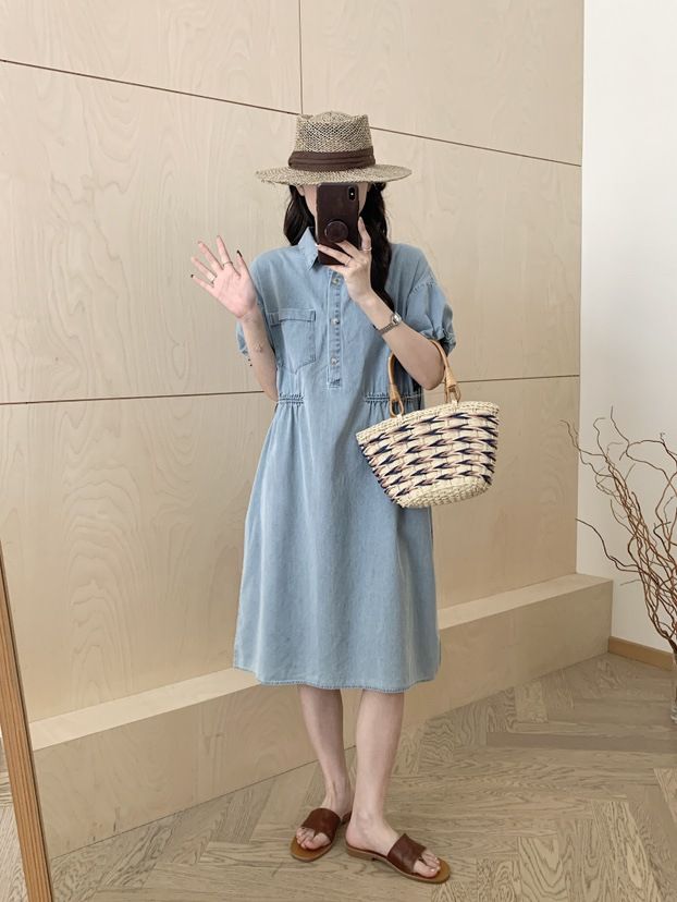 Denim Dress 2025 Summer New Korean Short Sleeved Medium Length Skirt, Children's Fashion Collar Shirt Skirt_mkmklike.com
