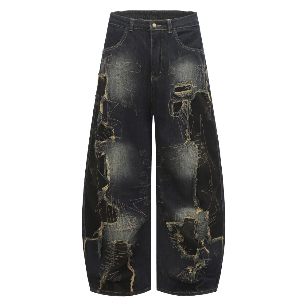 Men's Wasteland Style Patchwork Distressed Scimitar Jeans Midweight Wide Leg Blue Faded Frayed Edges Slight Stretch Machine Washable_mkmklike.com