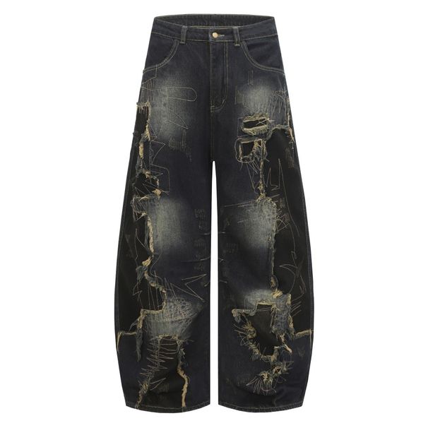 Men's Wasteland Style Patchwork Distressed Scimitar Jeans Midweight Wide Leg Blue Faded Frayed Edges Slight Stretch Machine Washable_mkmklike.com
