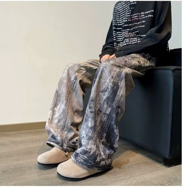 Men's Clothing Heavy Dirty Ink Splashed Digital Printed Straight Jeans For Men And Women Wide Leg Drape Washed Distressed Flared Trousers_mkmklike.com