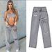 women's high waist slim straight denim trousers floor-length trousers ripped leg slits drape slightly flared trousers_mkmklike.com