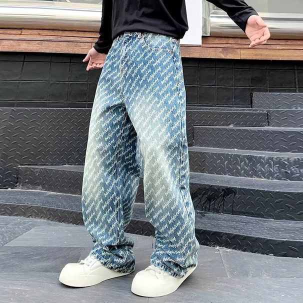 Men's Parisian Style Retro Washed Letter Print Jeans Loose Straight Leg Wide Leg Floor Length Trousers For Autumn_mkmklike.com