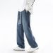 Shanggu Men's Clothing, Elastic Lace-Up Straight Jeans Men's Hong Kong Style Versatile Washed Long Tube Casual Boys Wide Leg Pants_mkmklike.com