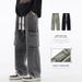 Men's Cargo Jeans Loose Fit Straight Leg Casual Long Pants Mid Waist Zipper Fly Black Blue Cotton_mkmklike.com