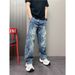 Men's Vintage Washed Denim Pants, Gradient Straight-Leg Jeans With Unique Curved Hem Design For Casual Wear_mkmklike.com