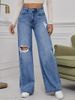 High-waisted Wide-leg Straight-leg Best-selling Floor-length Pants For Women; Ripped Jeans For Women In Light Blue_mkmklike.com