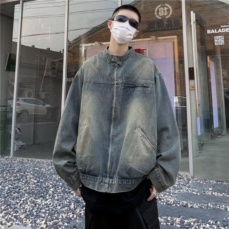 Retro Washed Vintage Denim Jacket, Loose Casual Zipper Jacket, Top_mkmklike.com