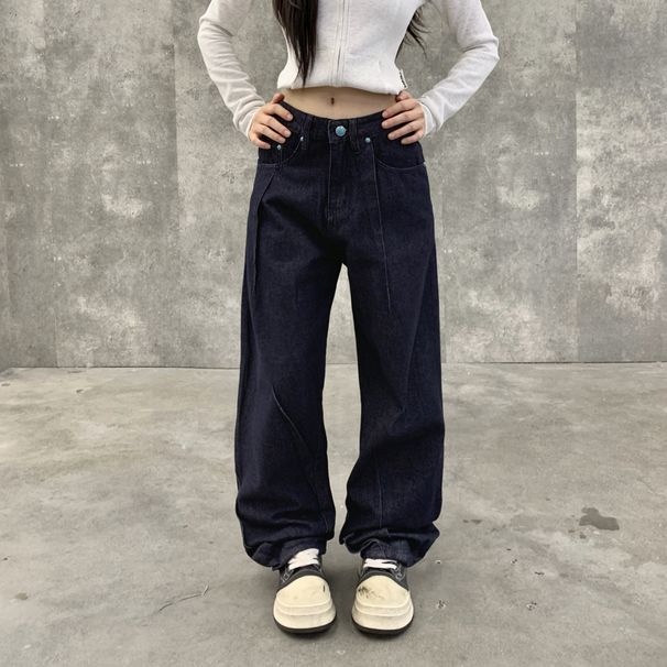 Vintage High Street Distressed Denim Jeans For Men & Women - Relaxed Fit Wide Leg Straight Pants With Sickle Cut, Dark Blue & Indigo Wash_mkmklike.com