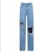 's New Blue Cotton Jeans For Women With Butterfly Print, Washed And Distressed, High-waisted Wide-leg Pants_mkmklike.com